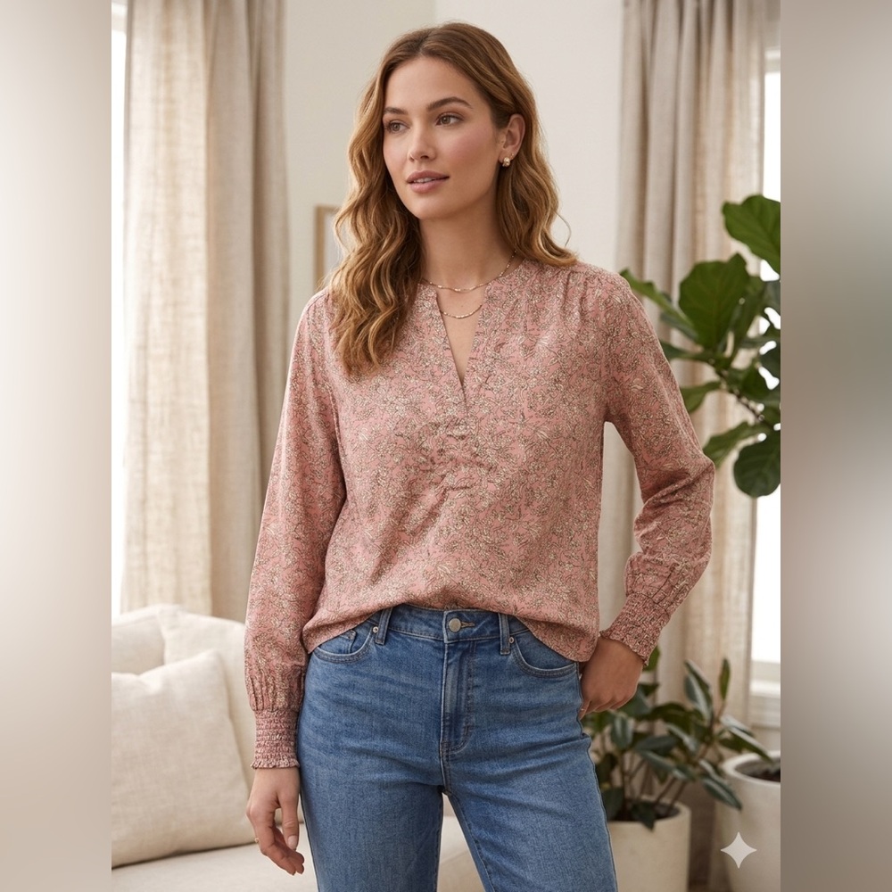 a.n.a Dusty Rose Floral Split V-Neck Blouse